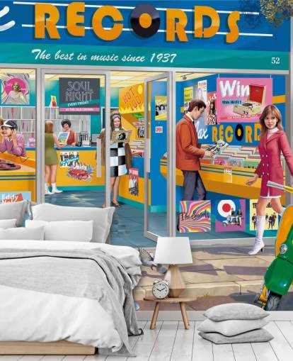mural colorido de papel de parede personalizado de loja de discos chamado Day at the Record Store, de Victor McLindon, para casas de repouso