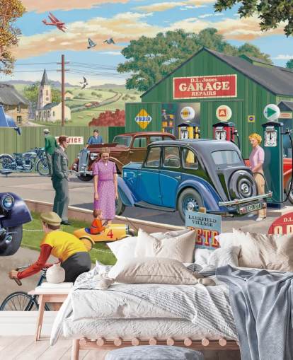 colorful custom garage wallpaper mural called Vintage Garage by Victor McLindon for care homes colorful custom garage wallpaper mural called Vintage Garage by Victor McLindon for care homes