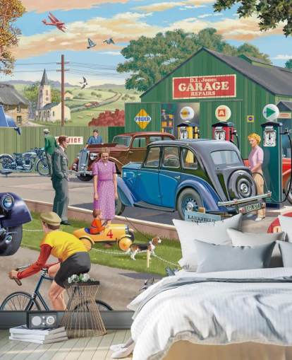 Buntes, maßgefertigtes Garagentapeten-Wandbild namens Vintage Garage von Victor McLindon für Pflegeheime Buntes, maßgefertigtes Garagentapeten-Wandbild namens Vintage Garage von Victor McLindon für Pflegeheime