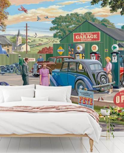 colorido mural de papel pintado de garaje personalizado llamado Vintage Garage de Victor McLindon para residencias de ancianos colorido mural de papel pintado de garaje personalizado llamado Vintage Garage de Victor McLindon para residencias de ancianos