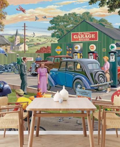 fargerikt tilpasset garasjetapet veggmaleri kalt Vintage Garage av Victor McLindon for omsorgsboliger fargerikt tilpasset garasjetapet veggmaleri kalt Vintage Garage av Victor McLindon for omsorgsboliger