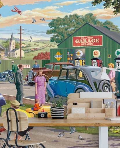 mural colorido de papel de parede de garagem personalizado chamado Vintage Garage de Victor McLindon para casas de repouso