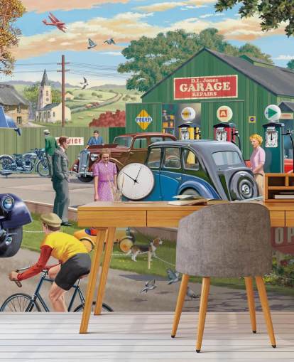 colorido mural de papel pintado de garaje personalizado llamado Vintage Garage de Victor McLindon para residencias de ancianos