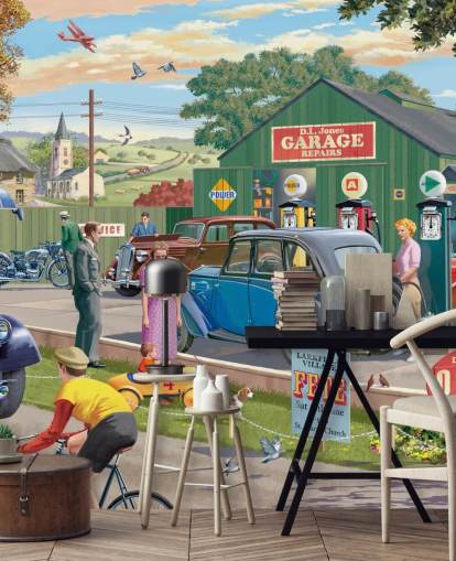 colorido mural de papel pintado de garaje personalizado llamado Vintage Garage de Victor McLindon para residencias de ancianos