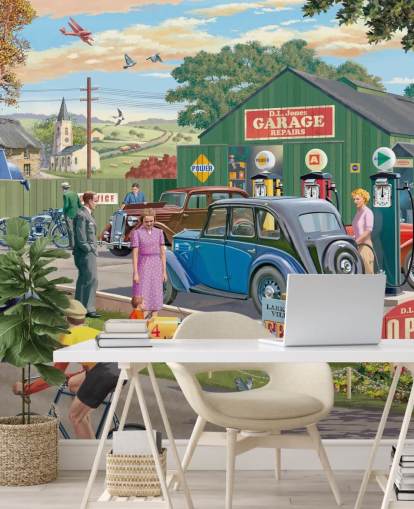 colorful custom garage wallpaper mural called Vintage Garage by Victor McLindon for care homes