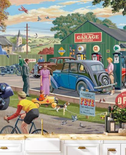 colorido mural de papel pintado de garaje personalizado llamado Vintage Garage de Victor McLindon para residencias de ancianos