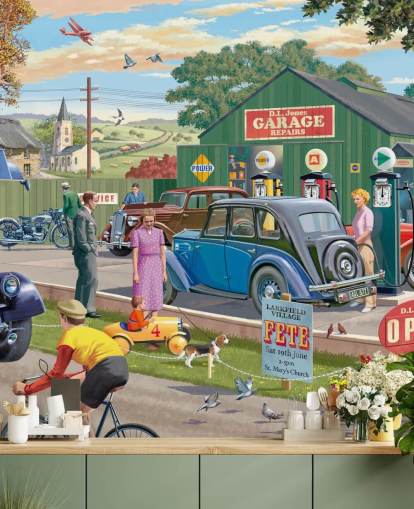 colorido mural de papel pintado de garaje personalizado llamado Vintage Garage de Victor McLindon para residencias de ancianos