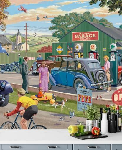 färgglad anpassad garage tapetväggmålning som heter Vintage Garage av Victor McLindon för vårdhem