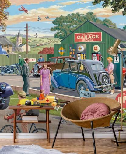 colorful custom garage wallpaper mural called Vintage Garage by Victor McLindon for care homes