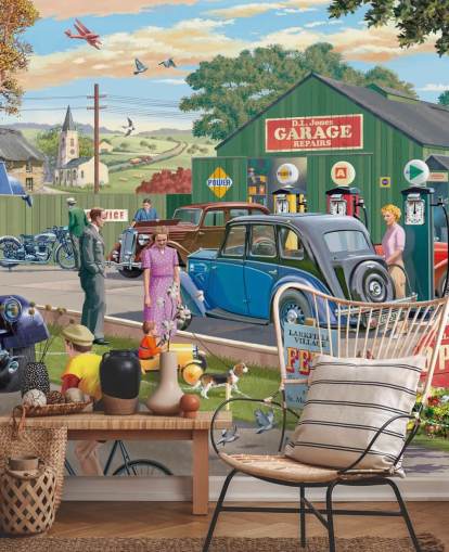 carta da parati murale colorata personalizzata per garage chiamata Vintage Garage di Victor McLindon per case di cura