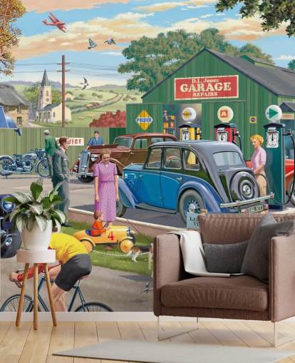 colorful custom garage wallpaper mural called Vintage Garage by Victor McLindon for care homes