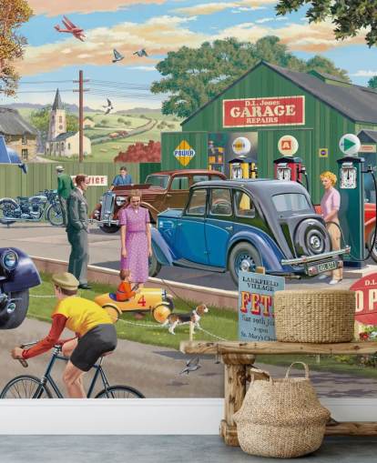 colorful custom garage wallpaper mural called Vintage Garage by Victor McLindon for care homes