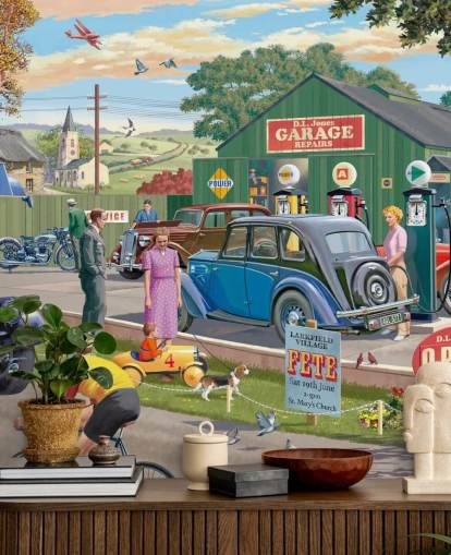 colorful custom garage wallpaper mural called Vintage Garage by Victor McLindon for care homes