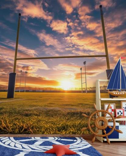 op maat gemaakte rugbybehangmuurschildering genaamd Rugby Goal Posts voor de kinderkamer
