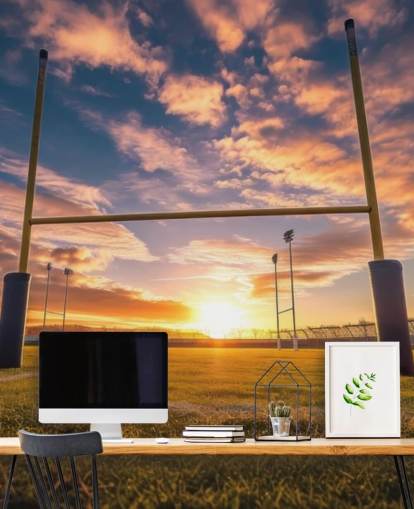 op maat gemaakte rugbybehangmuurschildering genaamd Rugby Goal Posts voor de kinderkamer