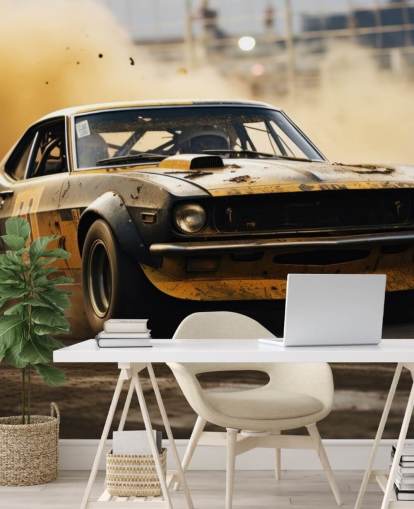 mural de papel pintado personalizado de deportes de motor estadounidenses amarillo y negro llamado Drag Race Burnout