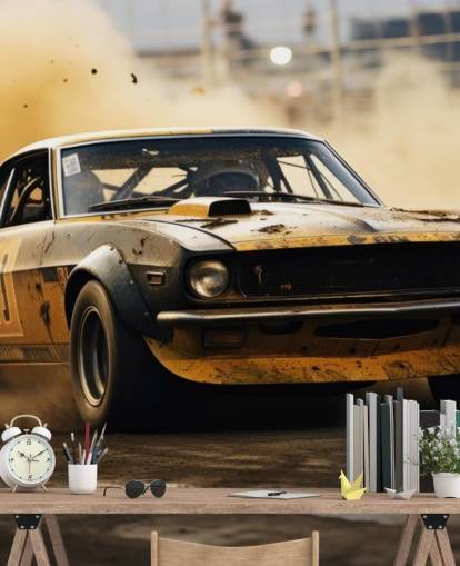 keltainen ja musta mukautettu amerikkalainen moottoriurheilun taustakuvamaalaus nimeltä Drag Race Burnout