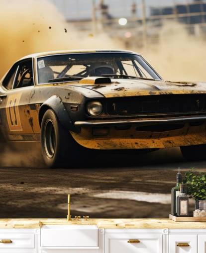 yellow and black custom american motorsport wallpaper mural called Drag Race Burnout
