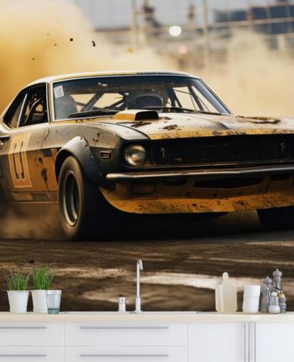 yellow and black custom american motorsport wallpaper mural called Drag Race Burnout