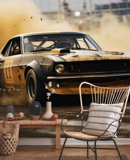 yellow and black custom american motorsport wallpaper mural called Drag Race Burnout