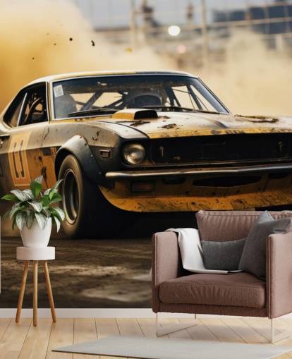 yellow and black custom american motorsport wallpaper mural called Drag Race Burnout