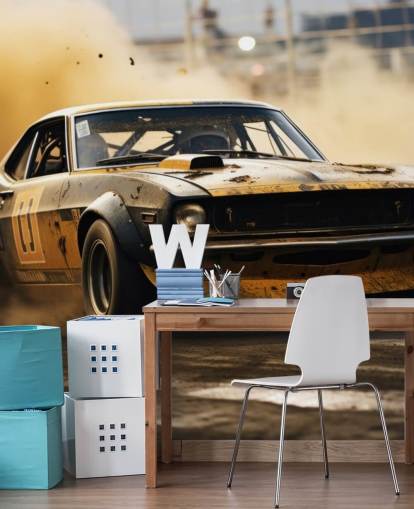 mural de papel de parede de automobilismo americano personalizado amarelo e preto chamado Drag Race Burnout mural de papel de parede de automobilismo americano personalizado amarelo e preto chamado Drag Race Burnout