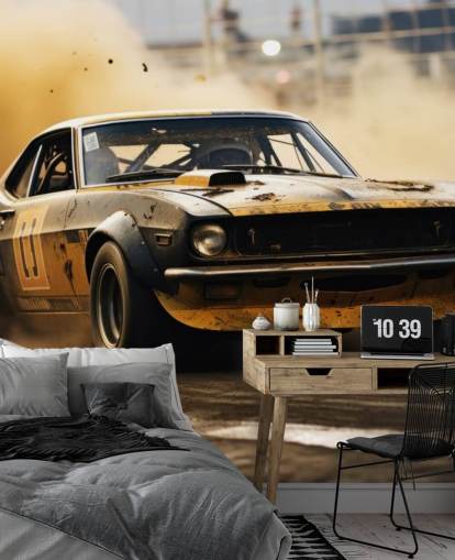 yellow and black custom american motorsport wallpaper mural called Drag Race Burnout