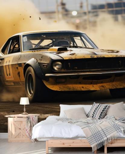 yellow and black custom american motorsport wallpaper mural called Drag Race Burnout
