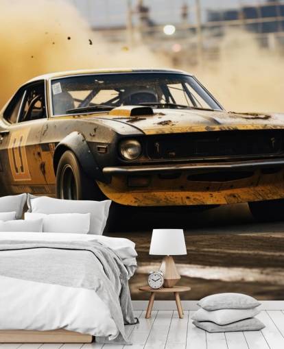 papier peint mural personnalisé de sport automobile américain jaune et noir appelé Drag Race Burnout