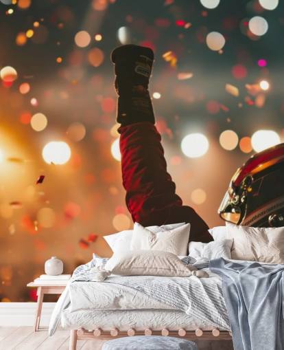 rode en oranje aanpasbare amerikaanse motorsport behangmuurschildering genaamd Race Winner voor kinderkamers