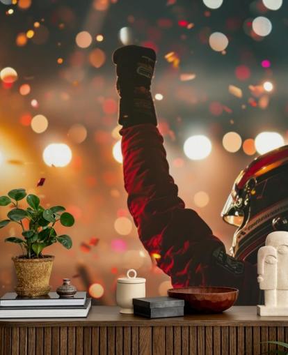 carta da parati murale rossa e arancione personalizzabile per il motorsport americano chiamato Race Winner per le camerette dei bambini