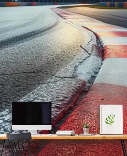 zwart-witte en rode aanpasbare amerikaanse motorsport behangmuurschildering genaamd Racetrack Curve voor de kinderkamer
