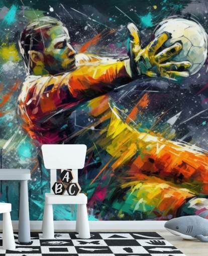 kleurrijke voetbalmuurschildering genaamd Football Goalkeeper Illustration voor kinderkamers