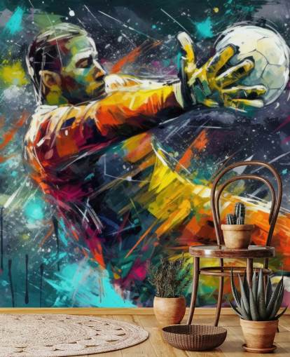 Buntes Fußball-Wandbild mit dem Titel Fußballtorhüter-Illustration für Kinderzimmer