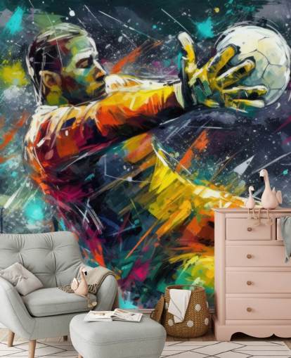 Buntes Fußball-Wandbild mit dem Titel Fußballtorhüter-Illustration für Kinderzimmer