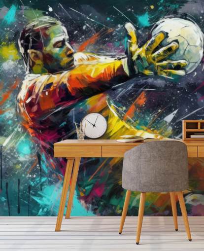kleurrijke voetbalmuurschildering genaamd Football Goalkeeper Illustration voor kinderkamers