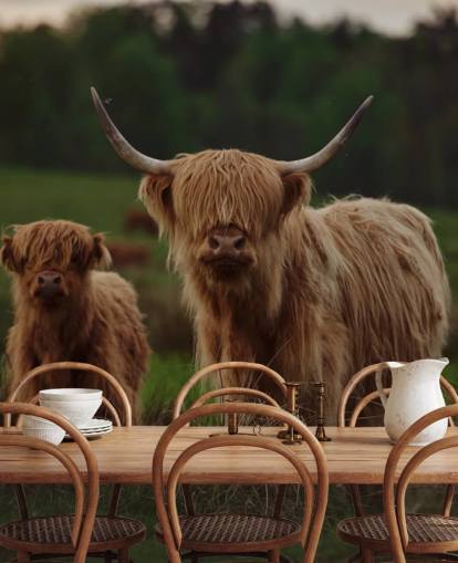 braunes kundenspezifisches Kuh-Tapeten-Wandbild namens Highland Cow and Calf 