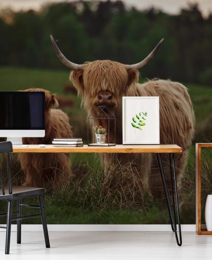 bruine op maat gemaakte koeienbehangmuurschildering genaamd Highland Cow and Calf bruine op maat gemaakte koeienbehangmuurschildering genaamd Highland Cow and Calf