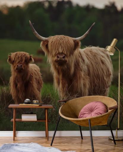 brown custom cow wallpaper mural called Highland Cow and Calf brown custom cow wallpaper mural called Highland Cow and Calf