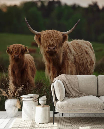 mural de papel pintado marrón personalizado de vaca llamado Highland Cow and Calf mural de papel pintado marrón personalizado de vaca llamado Highland Cow and Calf