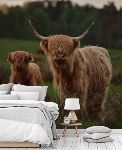 mural de papel de parede de vaca personalizado marrom chamado Highland Cow and Calf mural de papel de parede de vaca personalizado marrom chamado Highland Cow and Calf