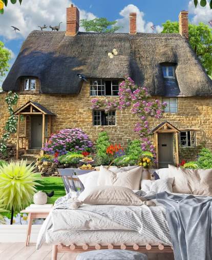colourful custom cottage wallpaper mural called Bakers Cottage by Howard Robinson for care homes