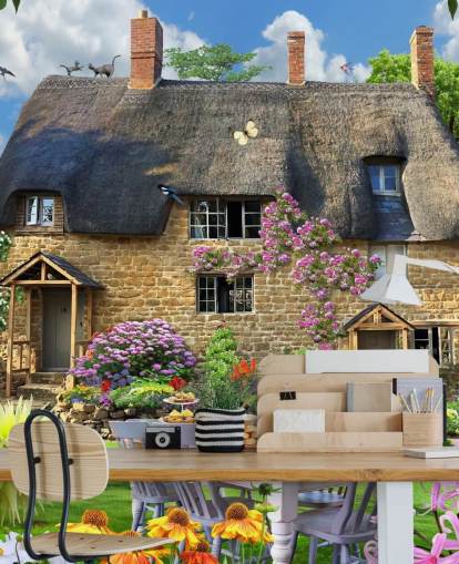 colorful custom cottage wallpaper mural called Bakers Cottage by Howard Robinson for care homes