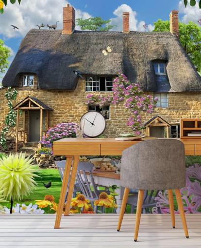 colorido mural de papel pintado personalizado llamado Bakers Cottage de Howard Robinson para residencias de ancianos