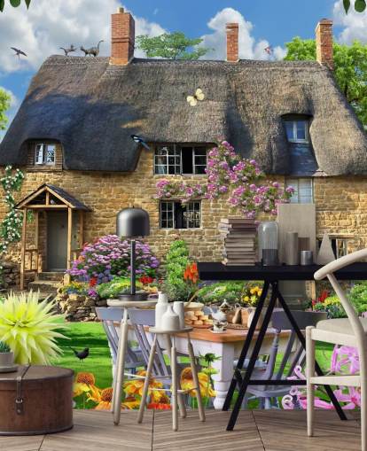 colorful custom cottage wallpaper mural called Bakers Cottage by Howard Robinson for care homes