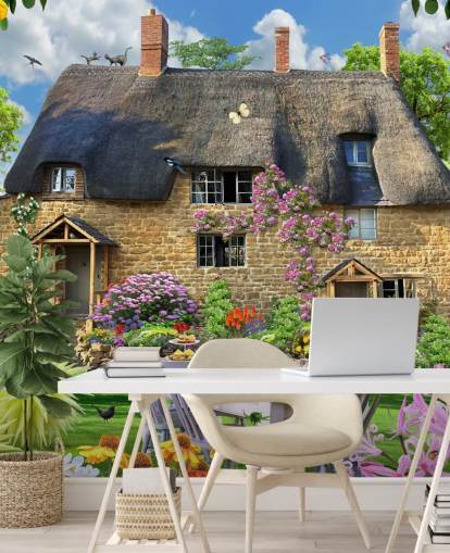colorful custom cottage wallpaper mural called Bakers Cottage by Howard Robinson for care homes