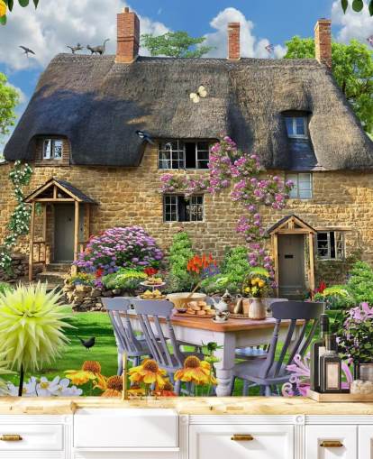 kleurrijke op maat gemaakte cottage-behangmuurschildering genaamd Bakers Cottage van Howard Robinson voor verzorgingstehuizen
