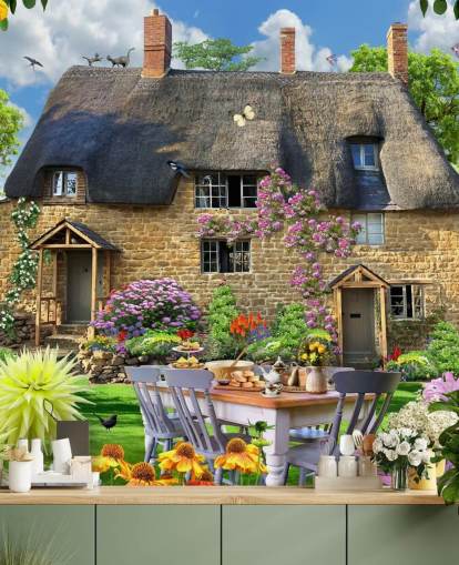 farverigt brugerdefineret sommerhustapet vægmaleri kaldet Bakers Cottage af Howard Robinson til plejehjem farverigt brugerdefineret sommerhustapet vægmaleri kaldet Bakers Cottage af Howard Robinson til plejehjem