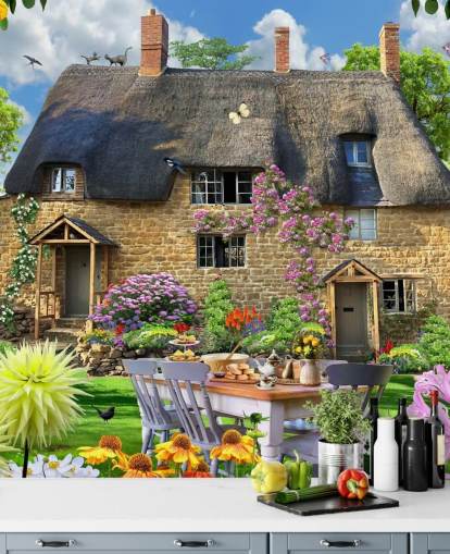 colorful custom cottage wallpaper mural called Bakers Cottage by Howard Robinson for care homes