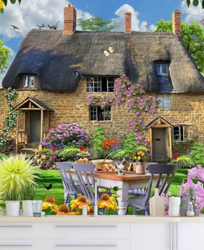 colorful custom cottage wallpaper mural called Bakers Cottage by Howard Robinson for care homes